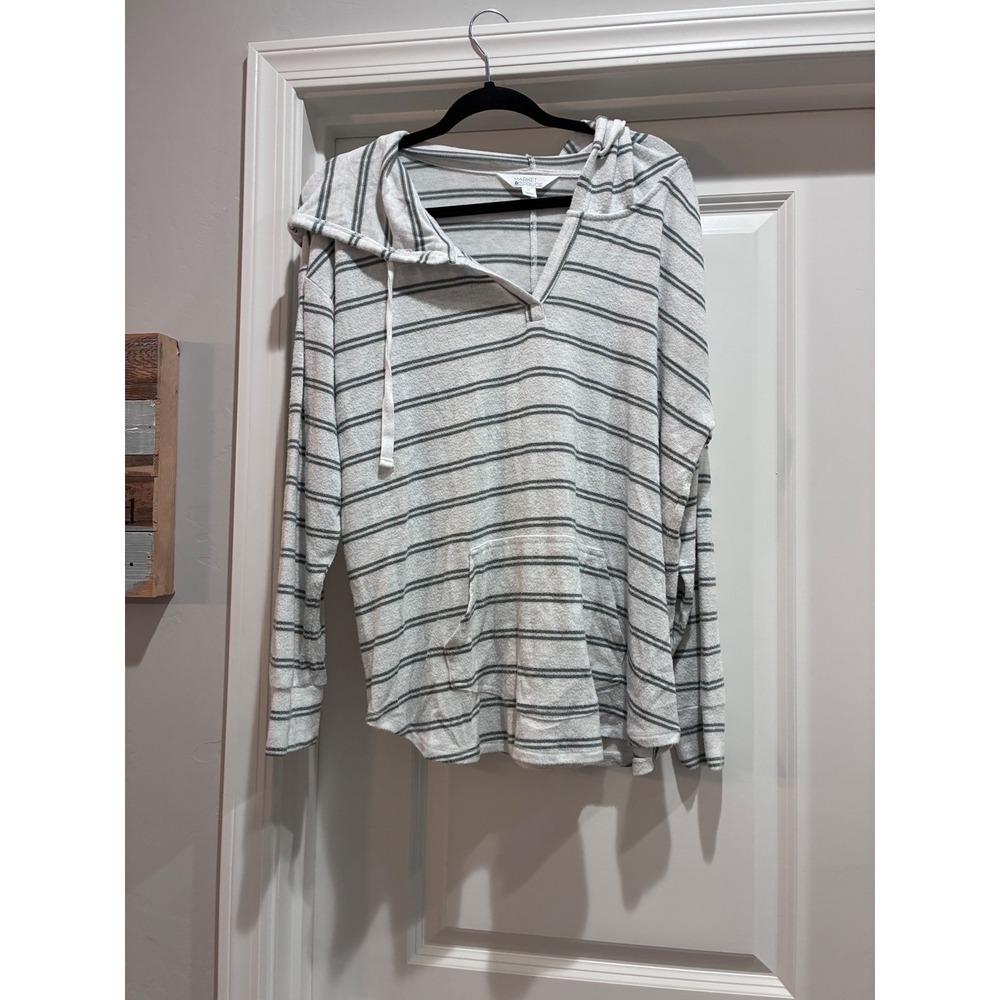 Market & Spruce Women White Grey Striped Knit Hoodie V-Neck Size L